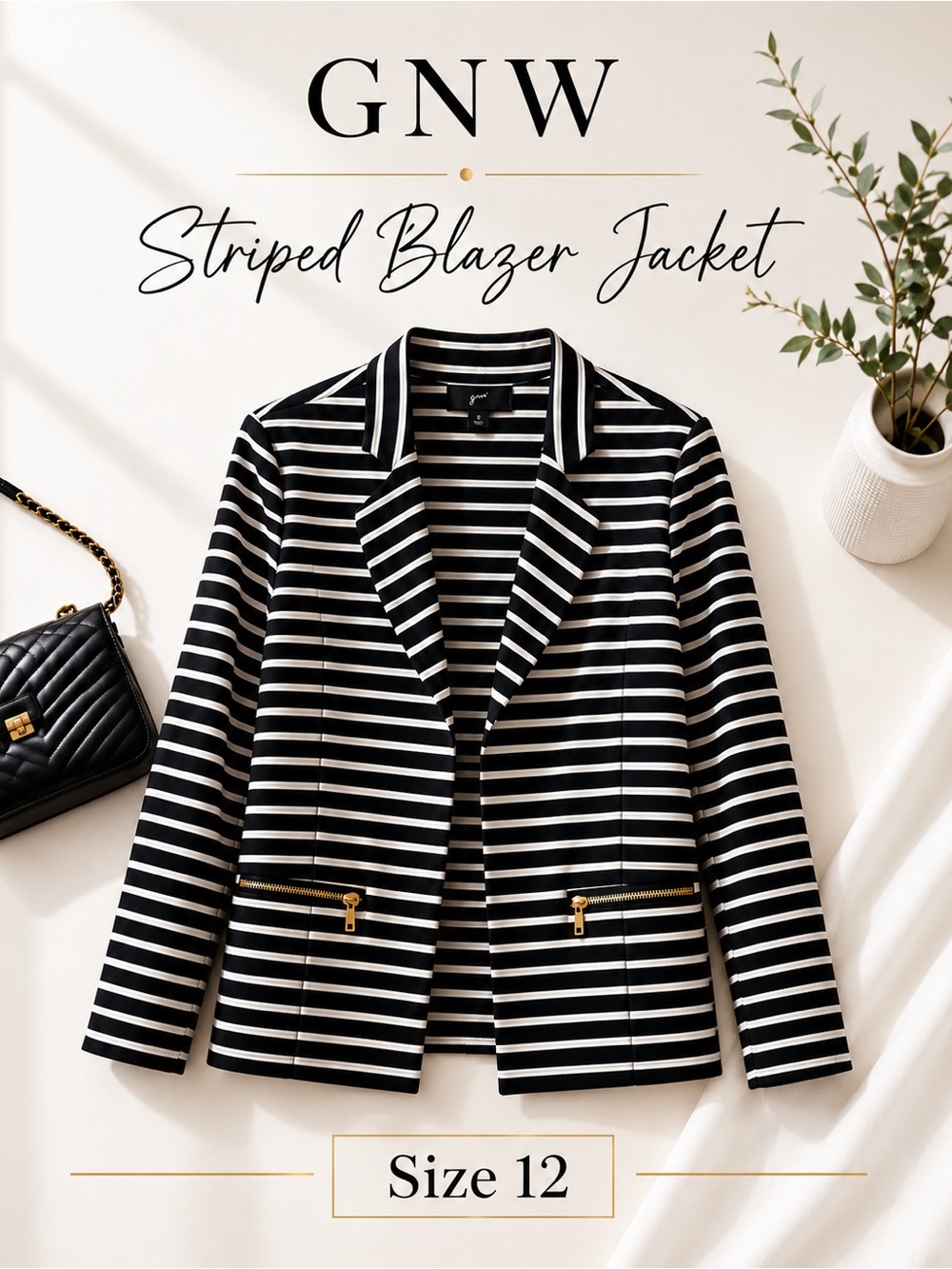 Black White Striped Blazer Jacket Size 12 Chic Open Front Lightweight Career